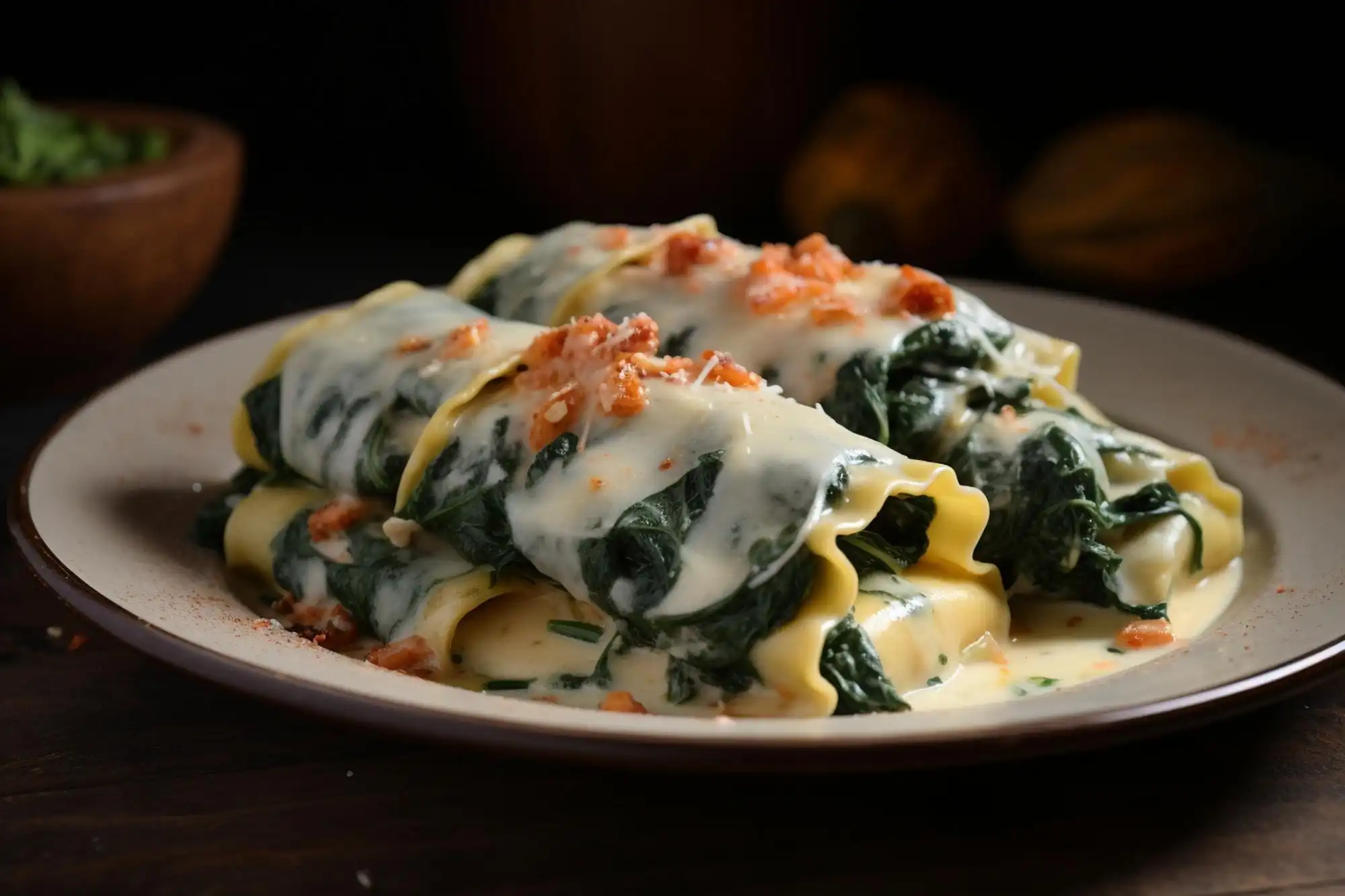 Creamy spinach and ricotta cannelloni on a plate