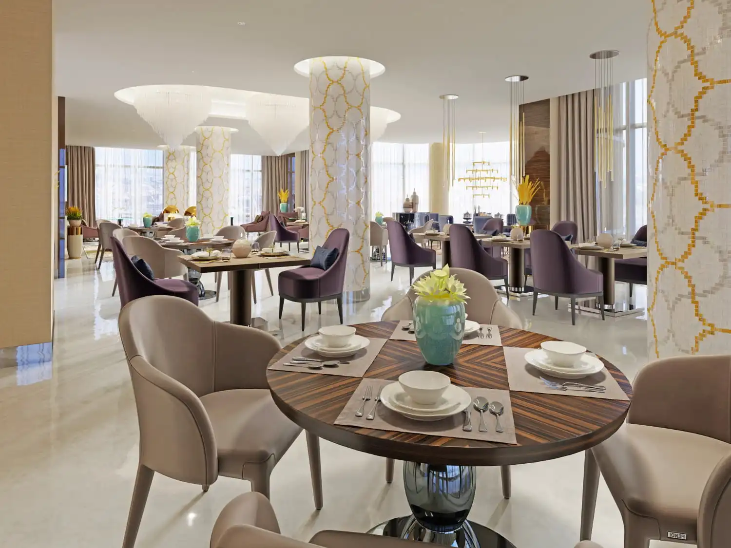 Luxurious restaurant interior with elegant dining tables and chandelier